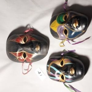 Vintage Black Ceramic Hand Painted Face Masks Set of 3